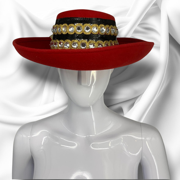 Vintage NEW Yehasso Red Wool Avant Garde Bolero Dress Hat Rhinestones Gold Bow main image 7